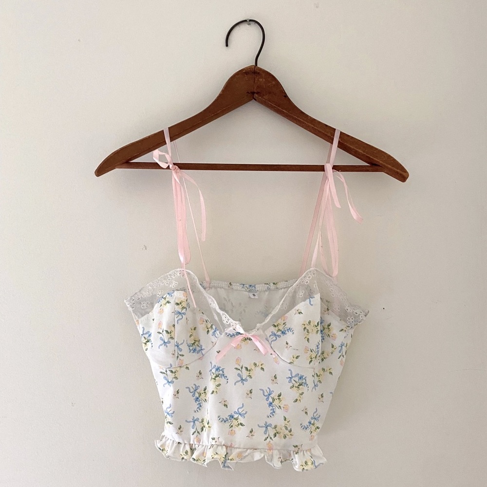 Lace and Pink Ribbon Floral Summer Tie Top
